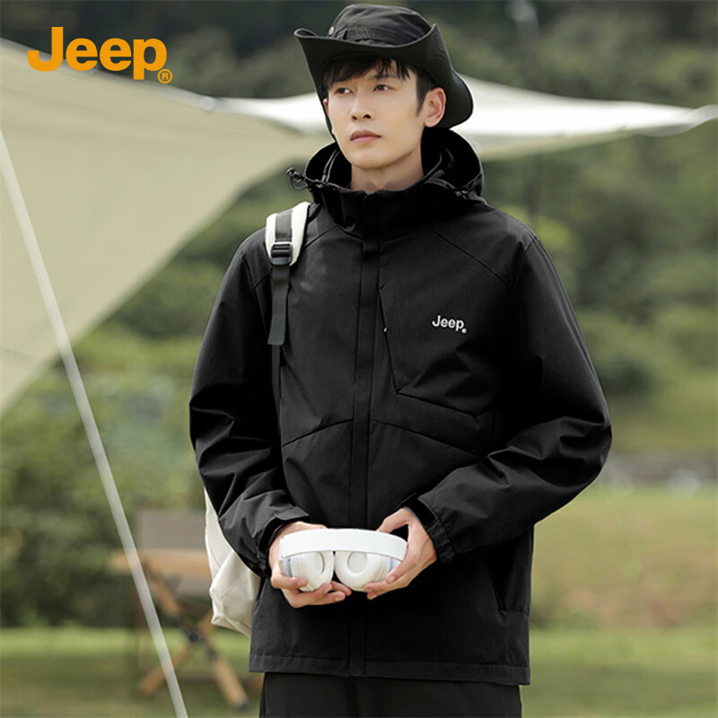 JEEP Men's Jacket, Simple Loose Fit, Hooded Sports Outdoor Clothing, Men's Outerwear, 075 Black, Size M