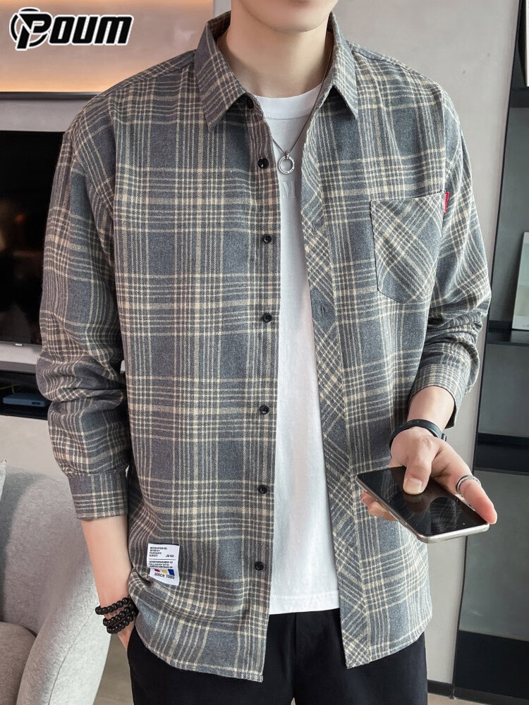 POUM Plaid Shirt Jacket for Men, Spring And Autumn Long-Sleeve Casual Shirt, Trendy Menswear, 2108 Gray, Size L 5