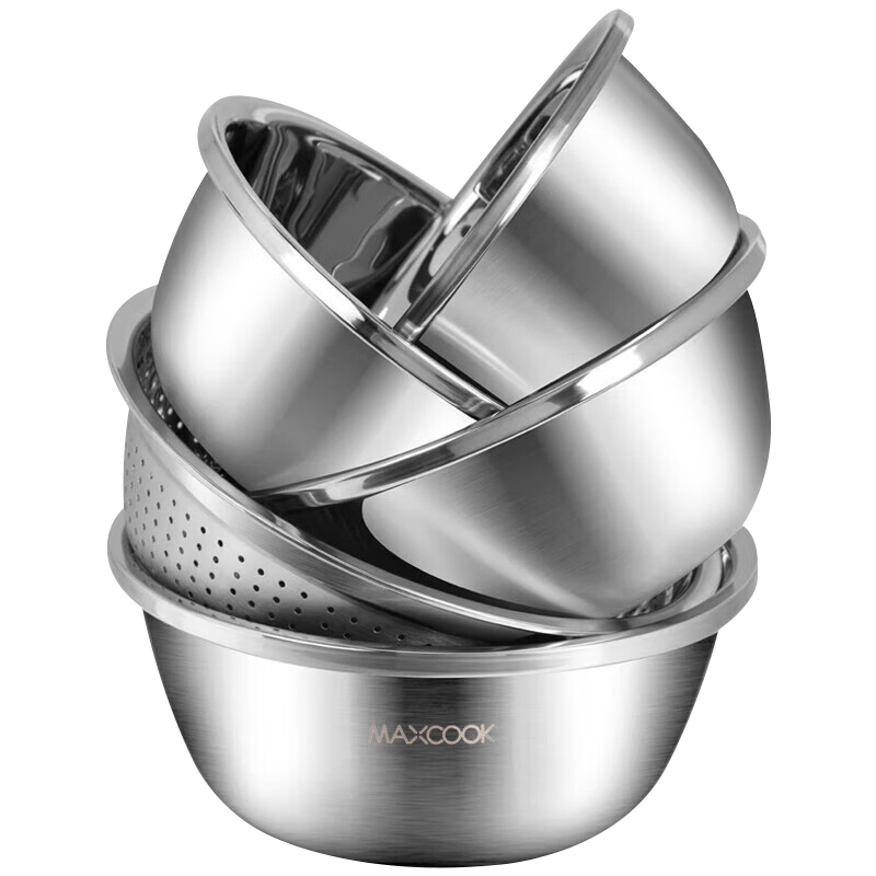 MAXCOOK Stainless Steel Bowl And Strainer Set of Five Pieces, 30cm Enlarged Thickened Vegetable Washing Bowl And Dough Mixing Bowl Seasoning Bowl Set MCWA798