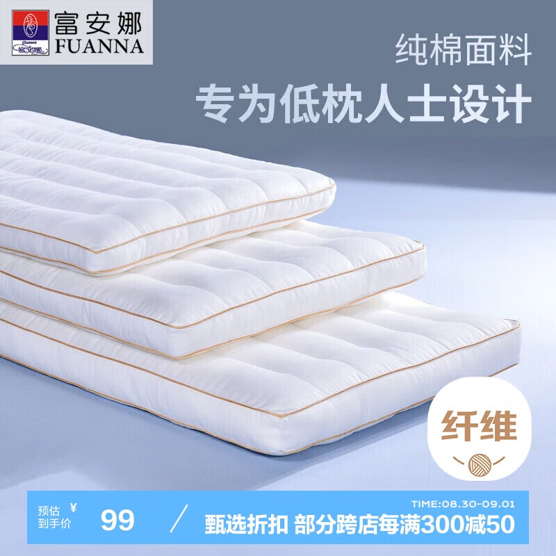 FUANNA Home Textile Pillow, Anti-Mite And Antibacterial, Washable Pillow Core, Low Pillow, Pure Cotton Fabric, Hotel Pillow Insert, 70*45cm, L