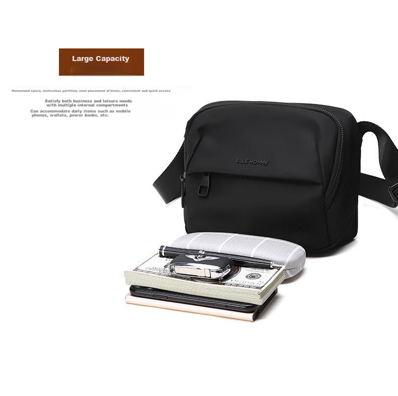 ELLE HOMME Men's Shoulder Bag, Trendy Lightweight Canvas Crossbody Bag, Water-Resistant Casual Phone Bag for Men, Travel Bag, Black 14