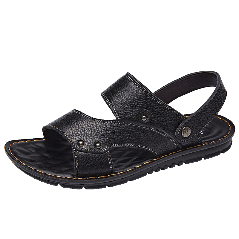 MEXICAN Top-Grain Leather Sandals for Men, Beach Shoes, Men's Slippers, Hollow-Out Casual Men's Shoes, Black, Size 44
