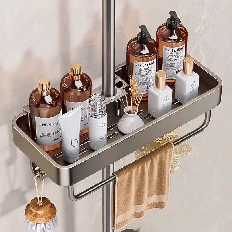 Huxiansen Space Aluminum Shower Caddy, No Drilling Required, Adjustable Height, Wall-Mounted Bathroom Storage Rack