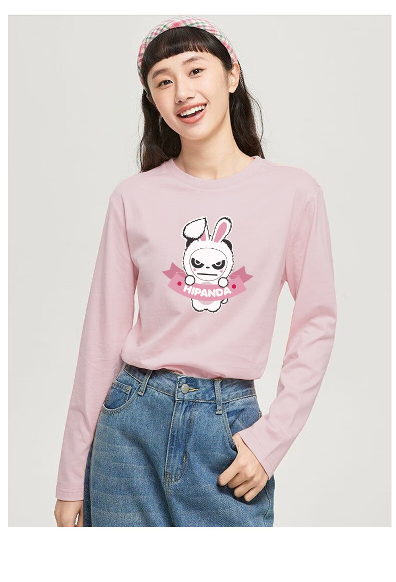 HIPANDA Hello Panda Long Sleeve T-Shirt for Women, Spring And Summer Pure Cotton Fashionable Printed Soft Slim Fit Inner Layer Base Gray Pink L 4
