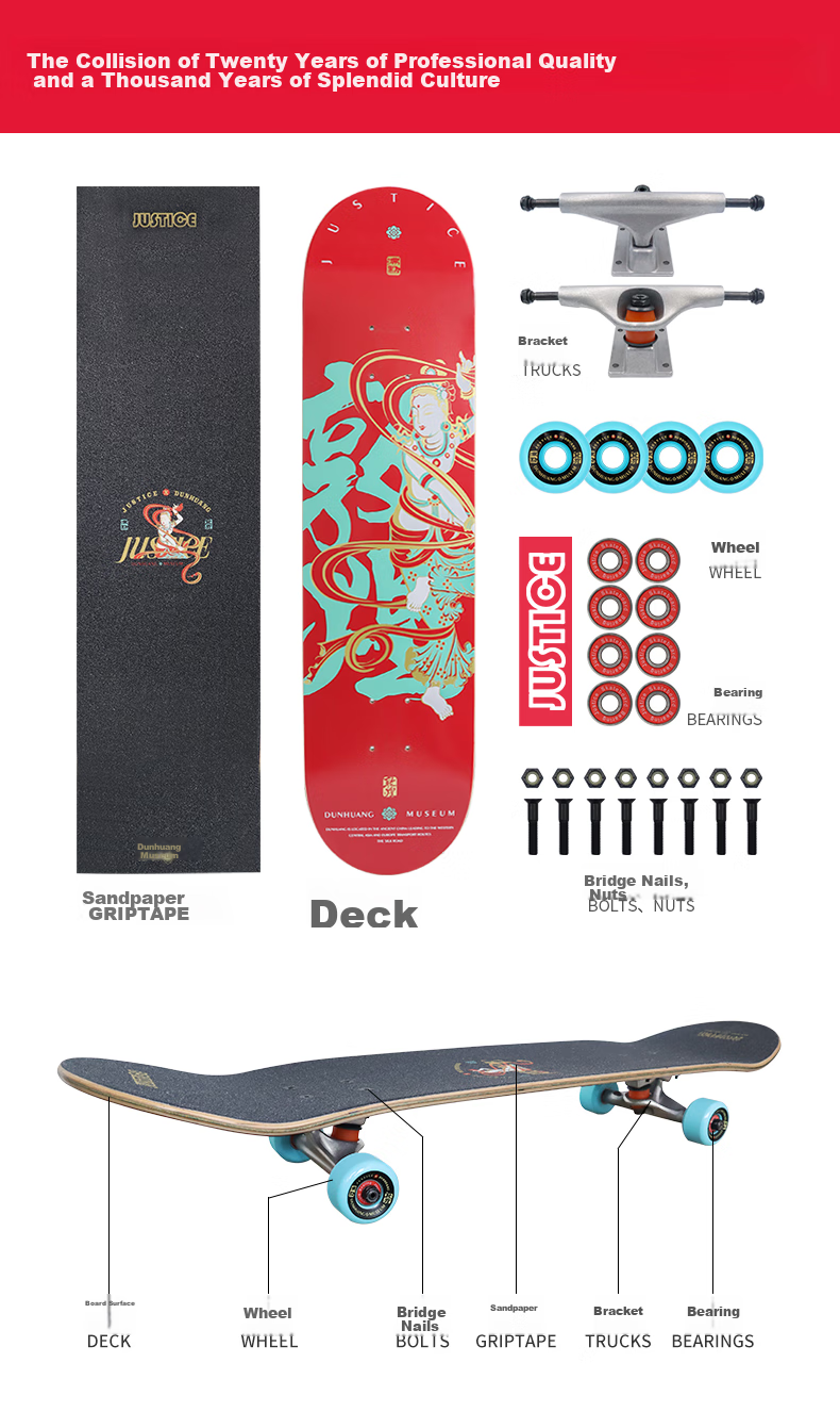 JUSTICE Boiling Point Dunhuang Skateboard Flying Series, Adult Professional Four-Wheel Double-Kick Skateboard for Men And Women, Flying Red 3