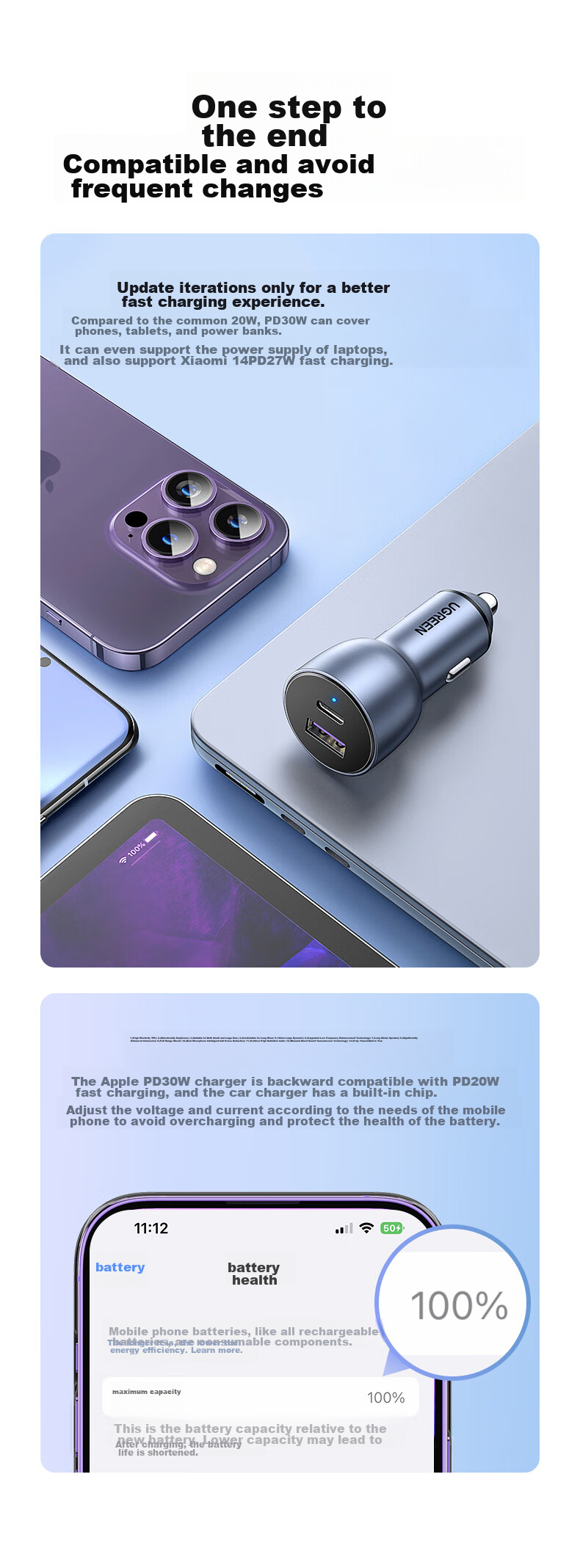 UGREEN Car Charger Super Fast Charging Dual Port 60W Cigarette Lighter Charger Adapter Plug One-To PD30W Compatible with Apple 18 Pro Max, Huawei, Xiaomi 4