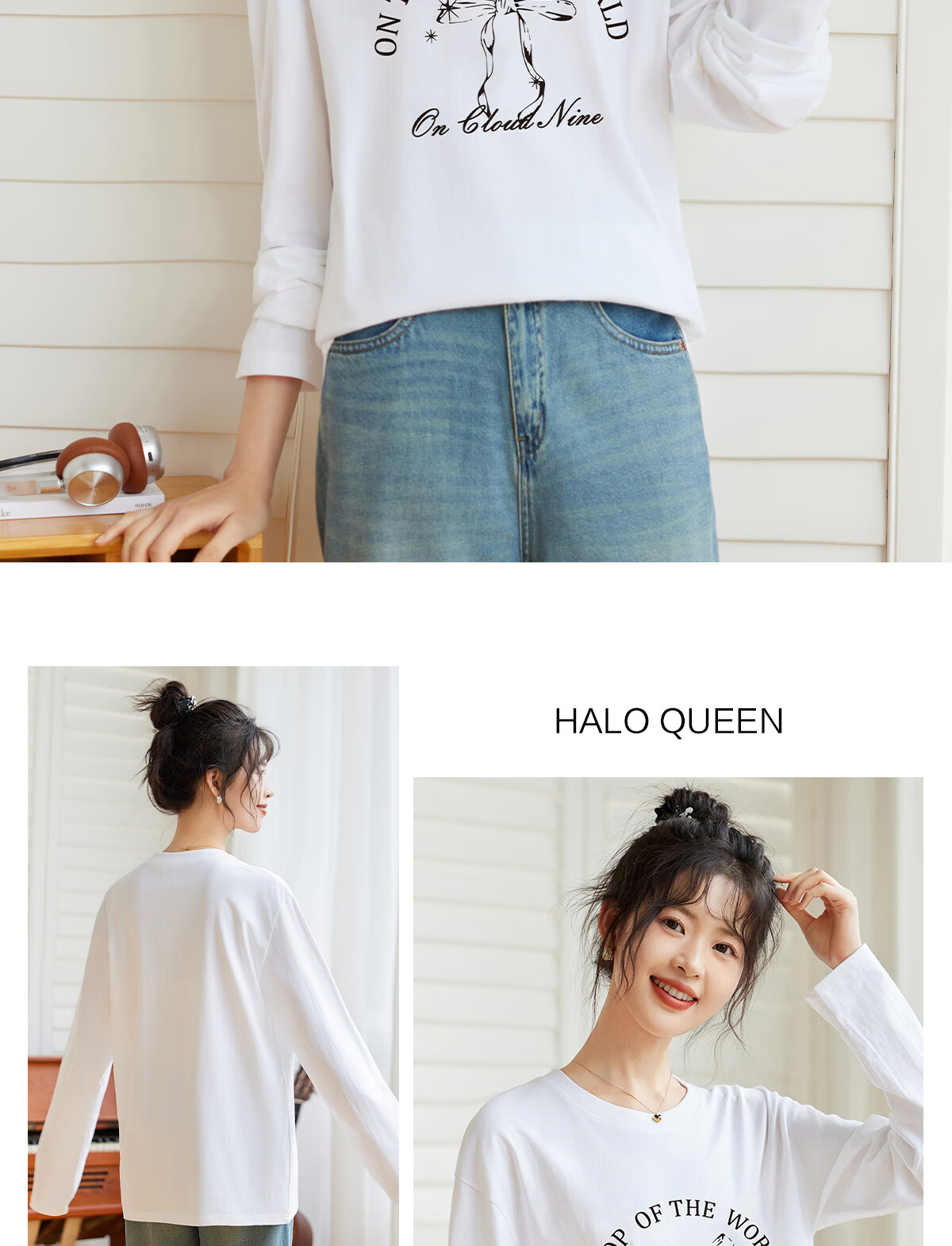 Halo Queen Women's Long Sleeve Cotton T-Shirt Spring Autumn Round Neck Letter Bow Print Casual Base Shirt New H143T2009 21