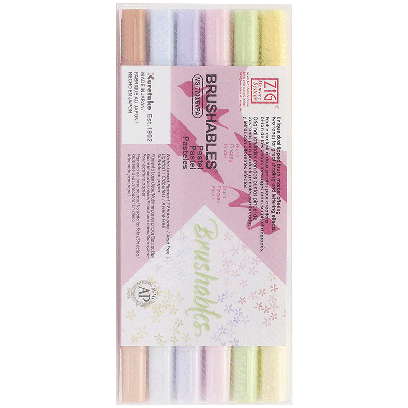KURETAKE Japanese Imported Dual-Color Brush Pen Set, Soft Tip, Waterproof, Watercolor, Journaling, Painting, 6 Light Colors MS-7700/6VPA Watercolor Pens