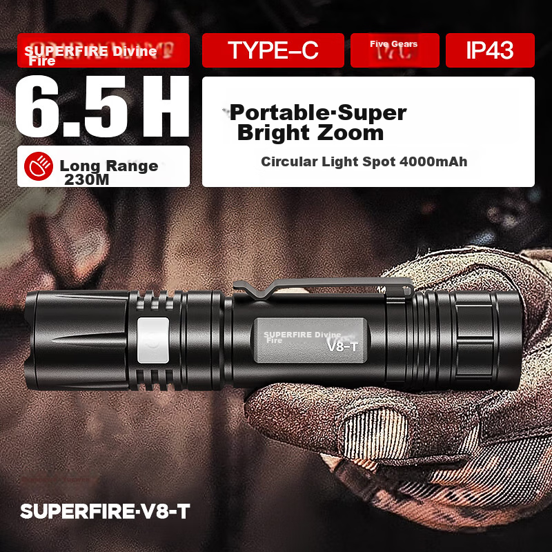 Сверхмощный фонарик SupFire V8-T с зумом, перезаряжаемый USB-фонарик большой дальности для езды на велосипеде, аварийный фонарь для домашнего использования, 15 Вт