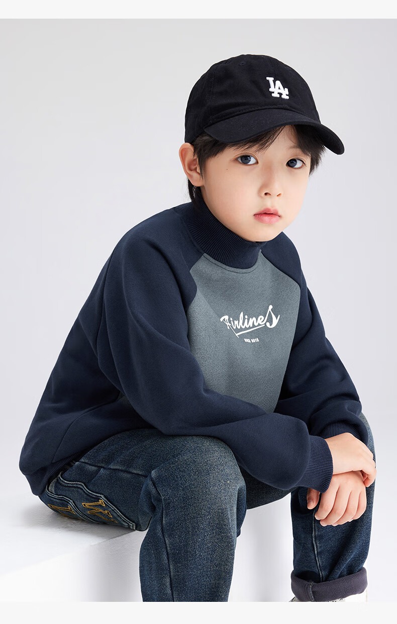 Zuo Xi Boys' Fleece-Lined Sweatshirt 2025 New Winter Thickened Top Stylish Boys' Winter Wear Navy Blue 150 7
