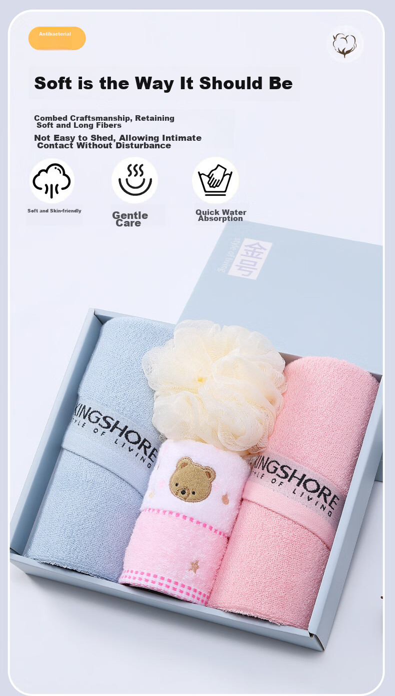 KING SHORE Gift Box Set, Class A Pure Cotton Face Towel, Wedding Gift, Soft Absorbent Sports Face Towel, Square Towel + Bath Sponge 7