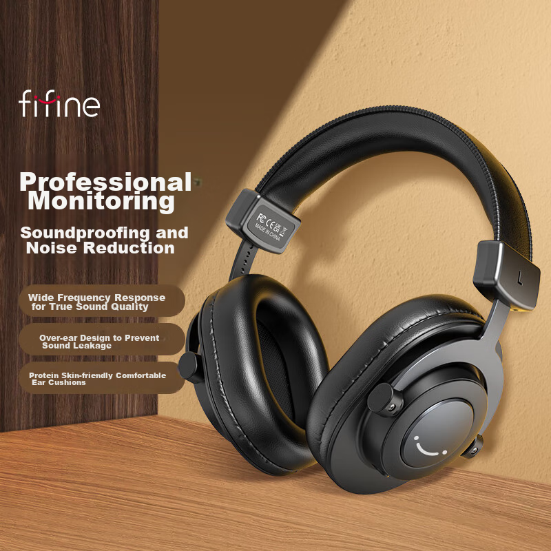 FIFINE Professional Monitoring Headphones, HIFI High-Quality Live Streaming DJ Mixing Booth Recording Studio Instrument-Specific Wired Noise-Cancelling Microphone HD8 Black