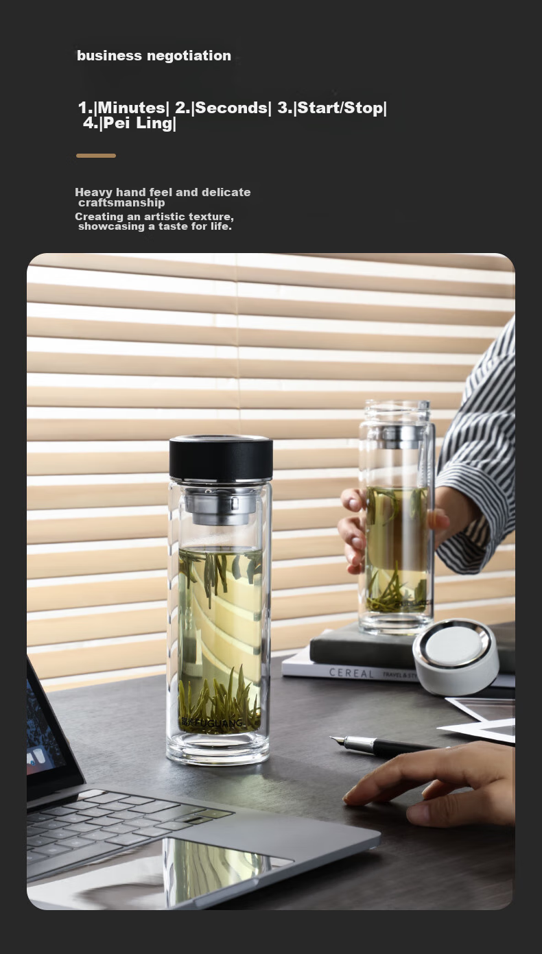 Fuguang Double-Layer Glass Cup, High Borosilicate Tea Infuser Mug, Portable Business Water Bottle for Car And Travel, Suitable for Men And Women, 400ml 7