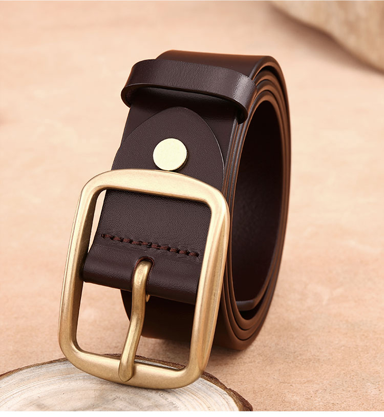 Cattlesboss Men's Belt with Copper Buckle, Genuine Top-Grain Leather, Pin Buckle, 1015 Birthday Gift, Dark Brown, 110cm 14