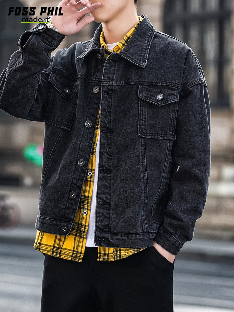 Foss Phil Men's Denim Jacket, Spring And Autumn Casual Retro Trendy Loose Fit Hong Kong Style Workwear Jacket Top FPJK4 Black XL 17