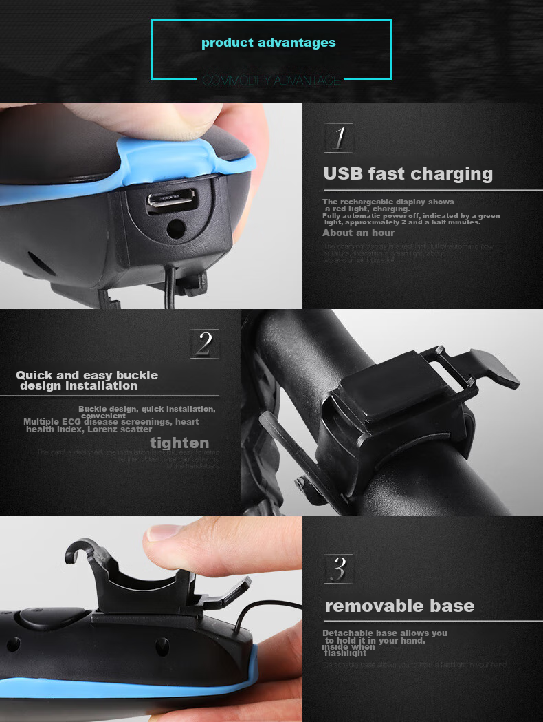 FOREVER Bicycle Horn Light, Mountain Bike Road Bike USB Rechargeable Front Light LED Light High Brightness Flashlight, Cycling Accessories with Multiple Light And Sound Modes 6