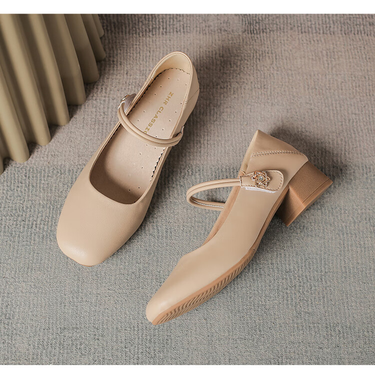 ZHR Women's Single Shoes Elegant One-Strap Mary Jane Shoes with Chunky Heel Fashionable Women's Shoes AH506 Apricot Color Size 36 24