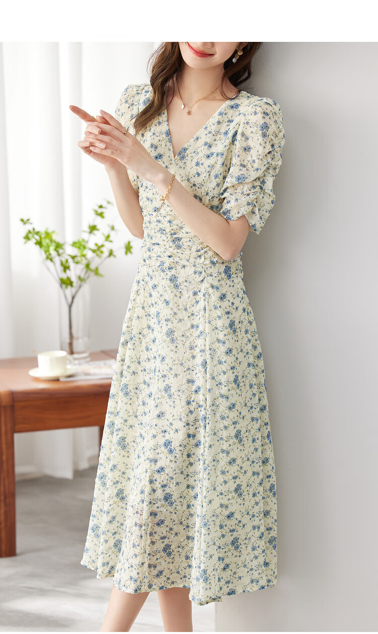 Sentubila Summer French Floral Print Dress, Puff Sleeve Tea Break Dress, Elegant Goddess Style Skirt, Apricot Base with Blue Flowers, M Size 12