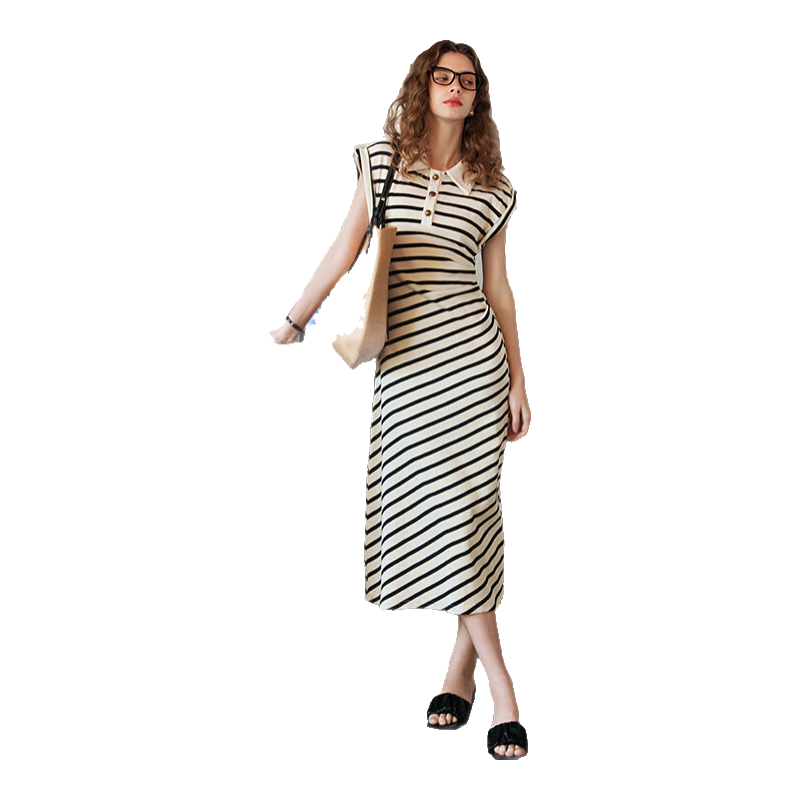 Olrain Slim Fit Striped Dress Summer Women's POLO Collar Knit Dress Striped L