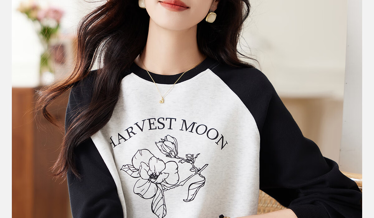 PinCai Relaxed Fit Sweatshirt Elegant Floral Print Crew Neck Colorblock Raglan Sleeve Versatile Jacket P143W1007 3