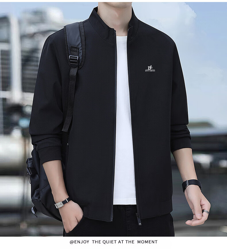 ROMON Jacket for Men, Autumn Outerwear, Stand-Up Collar Executive Jacket, Casual Versatile Loose-Fitting Menswear JK0302 Black L 13