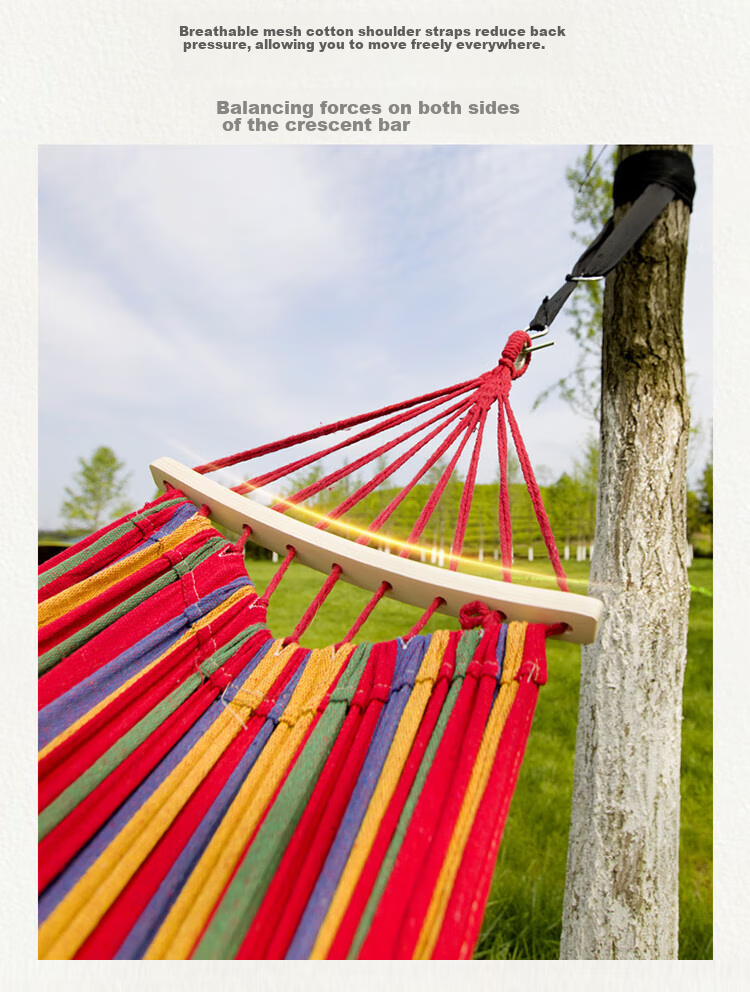 Yonglebao Double-Person Crescent-Shaped Anti-Rollover Hammock, Outdoor Camping Thickened And Widened Canvas Hammock with Curved Wood, Rainbow Color, 2-Piece Set 3