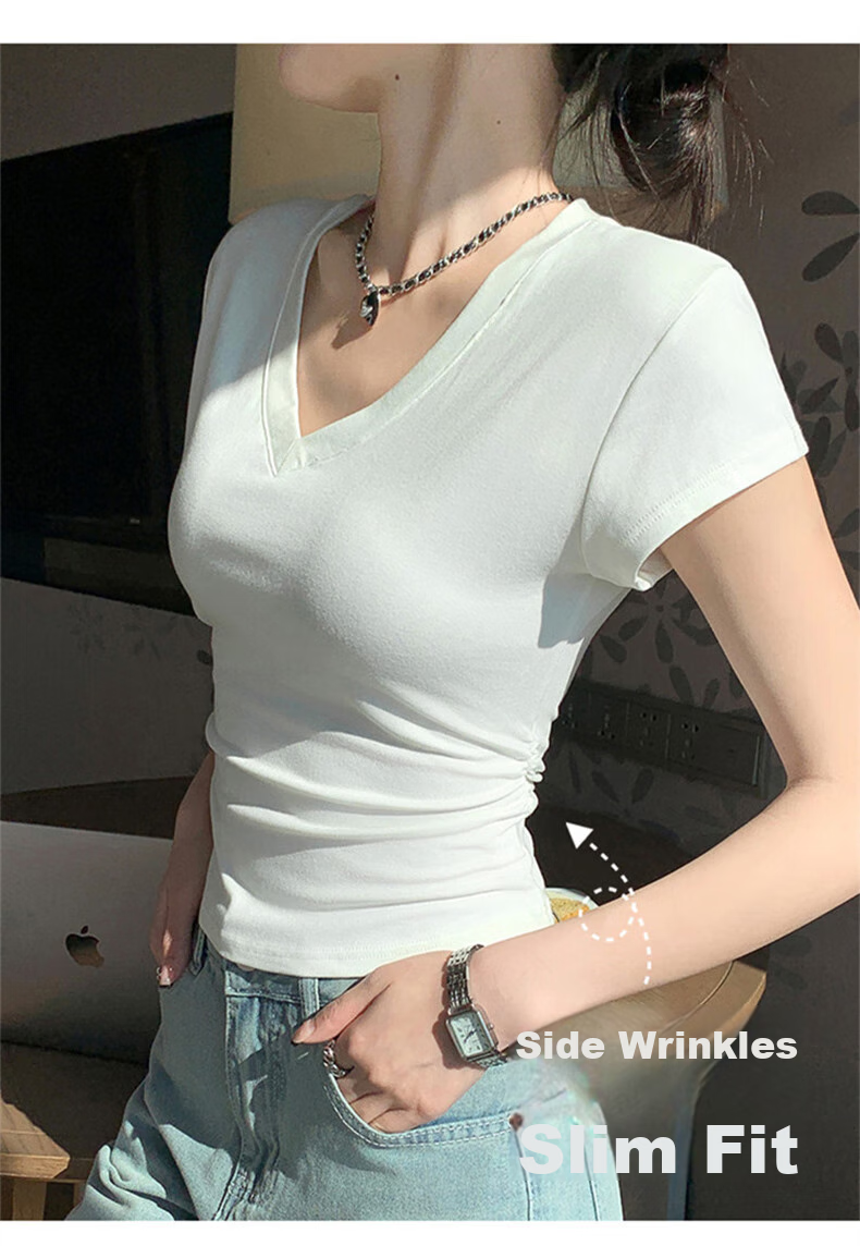 XUEXIMAN Women's Summer T-Shirt, Stylish And Simple Design, Slim Fit with Waist-Cinching V-Neck, Wrinkled High Cotton Short Sleeves for Wome 8