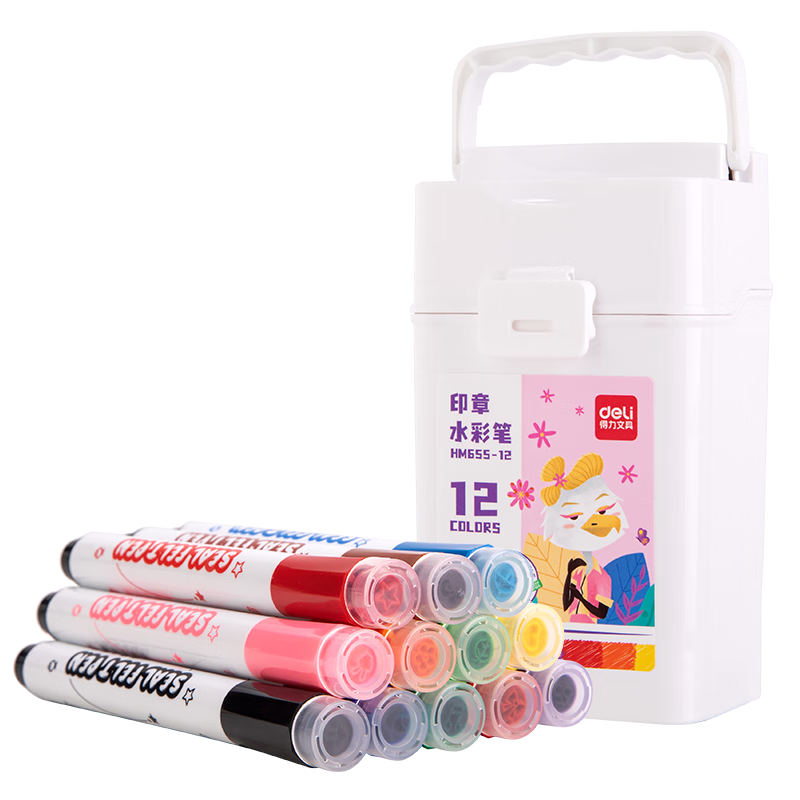 Deli 12-Color Round Stamp Watercolor Markers, Washable White, for Students And Children's Drawing, Coloring, Art Supplies, Girls' Gift, Graduation Present, Boys And Girls