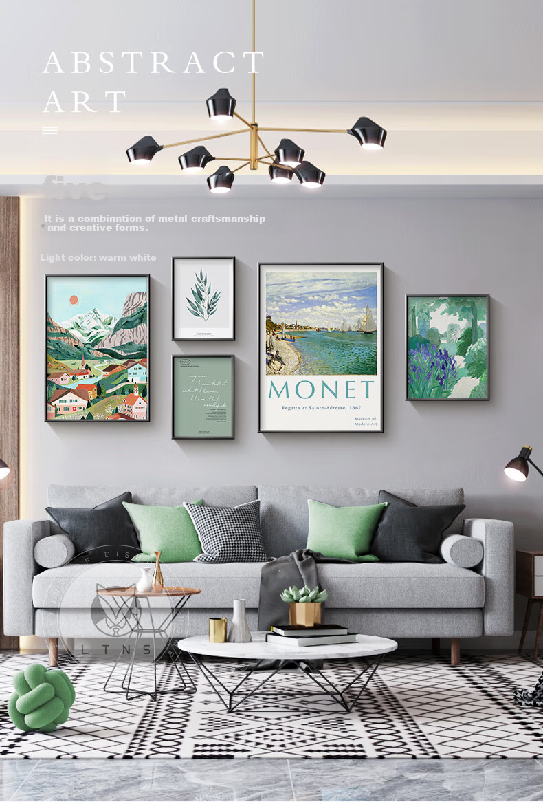 Haojiubujian Nordic Style Living Room Decorative Painting, Niche Art Print, Green Vintage Sofa Background Wall Painting 1