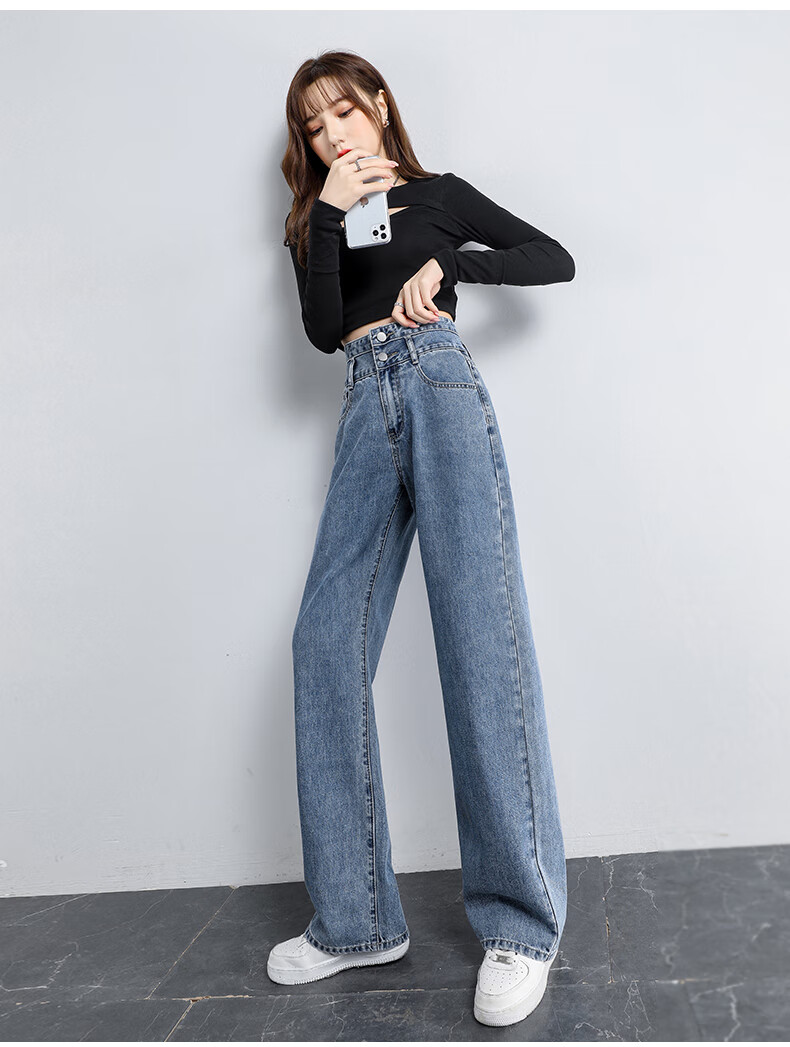 Jeanswest Women's High-Waisted Slimming Straight-Leg Wide-Leg Jeans with Design Flair, Summer Style, Light Blue, Size L 25