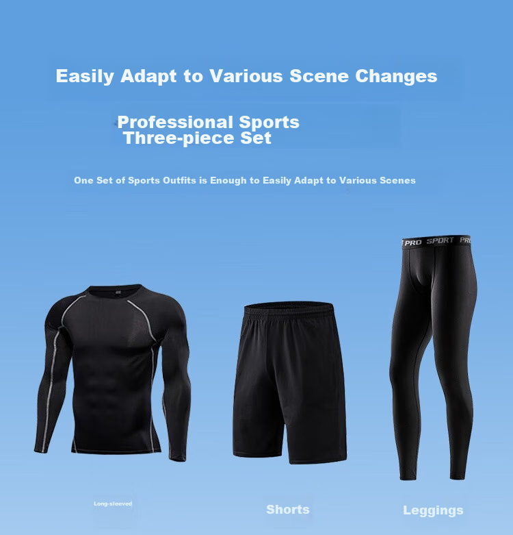 Fandimu Sports Set for Men, Three-Piece Fitness Outfit, Tight-Fitting Shirt for Running, Basketball, Badminton, Quick-Drying Breathable Weight Loss Wear 4