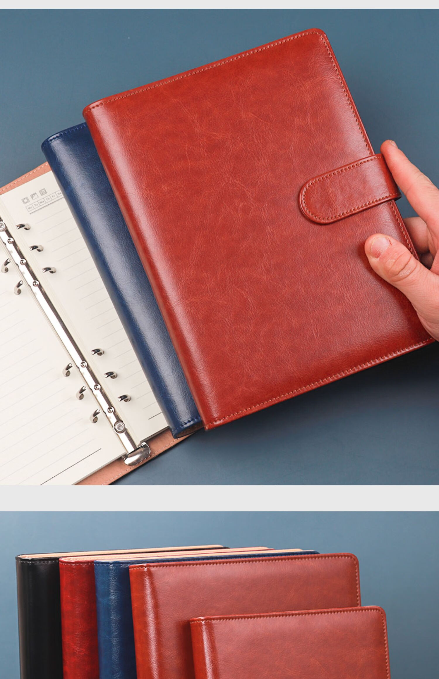 Xuchenwenju Simple Business A5 Navy Blue Loose-Leaf Notebook, 6-Ring High-Quality Leather Cover, Office Supplies, Work Journal, Diary, Detachable, Customizable Logo 17