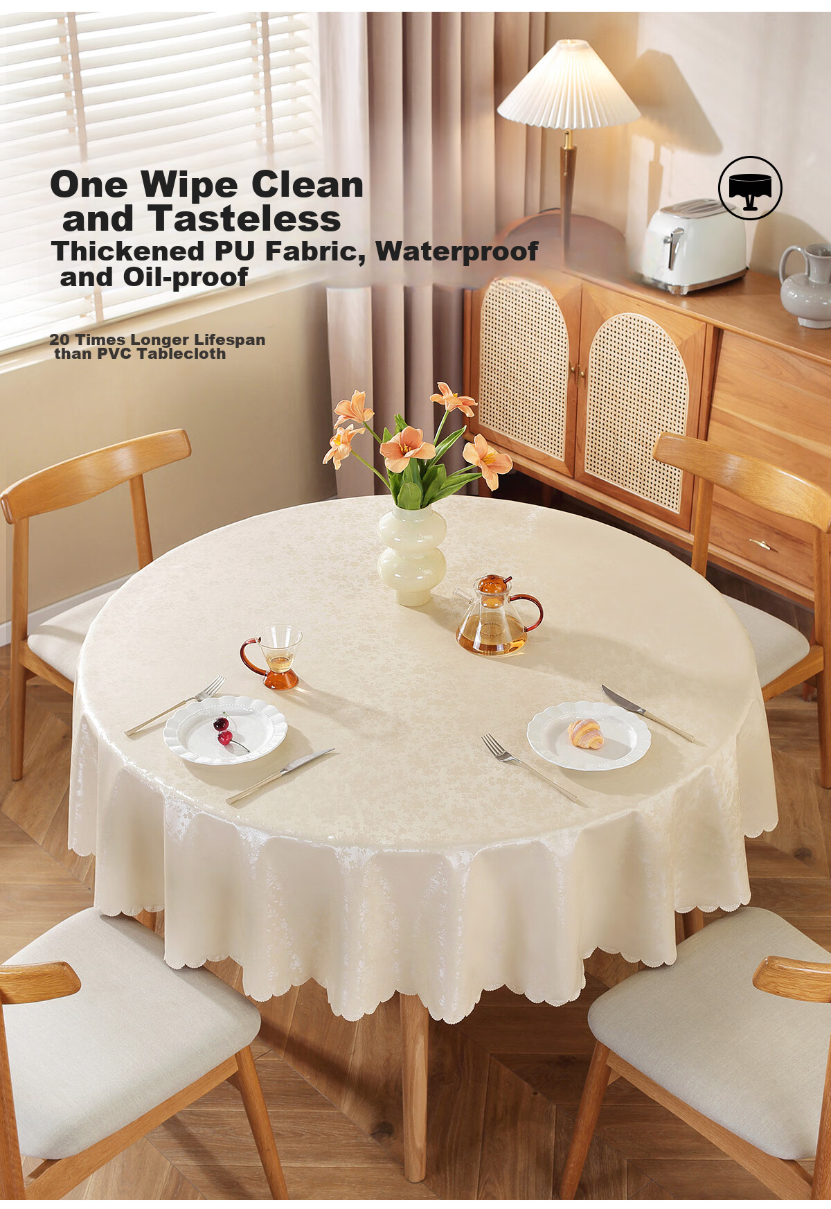 Mihua Round Tablecloth, Waterproof, Oil-Proof, Heat-Resistant, Washable-Free, Circular Dining Table Cover, Coffee Table Cloth, 180*180cm, Rose Champagne Color 4