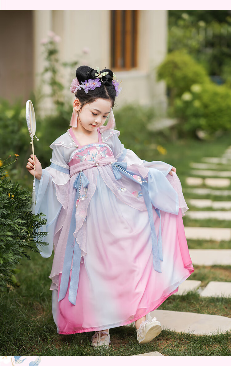 Qibo Hanfu Girls' Spring And Autumn New Style Children's Ancient-Style Ethereal Dress, Chitu (Without Tassel Accessories), Size 150 10