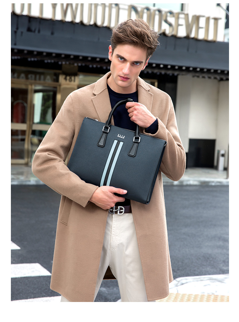 ELLE HOMME Men's Business Briefcase, Stylish Horizontal Leather Handbag with Large Capacity for Laptop, EA988200310, Blue 3