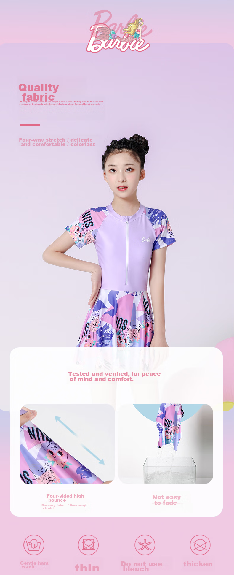 Barbie Girls' One-Piece Swimsuit Dress for Older Children, Stylish Swimsuit for Young Girls And Middle School Students 6