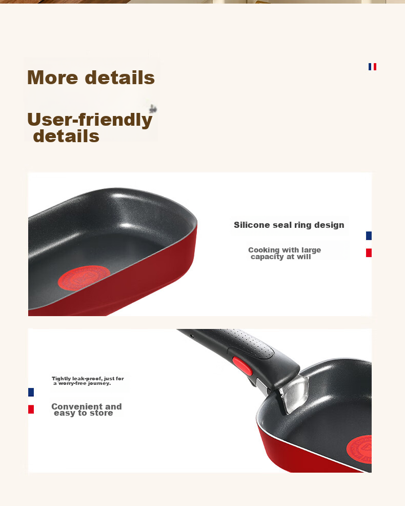 Tefal Detachable Frying Pan for Tamagoyaki And Eggs, Non-Stick Breakfast Pan with Titanium Coating, Compatible with Gas Stove And Induction Cooker, Red 24