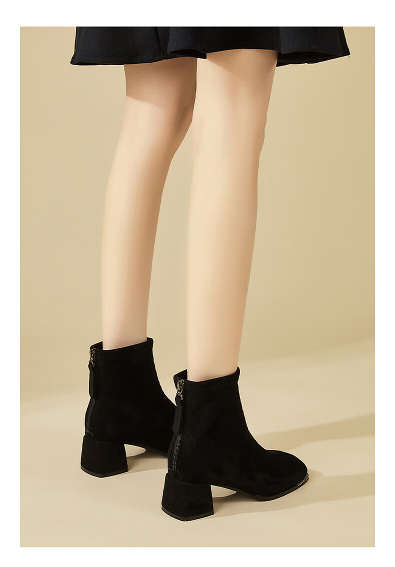 DAPHNE Suede Ankle Boots Women Chunky Mid Heels Slim Winter Fleece French Style Versatile Khaki Fleece Lined Boots Size 37 10
