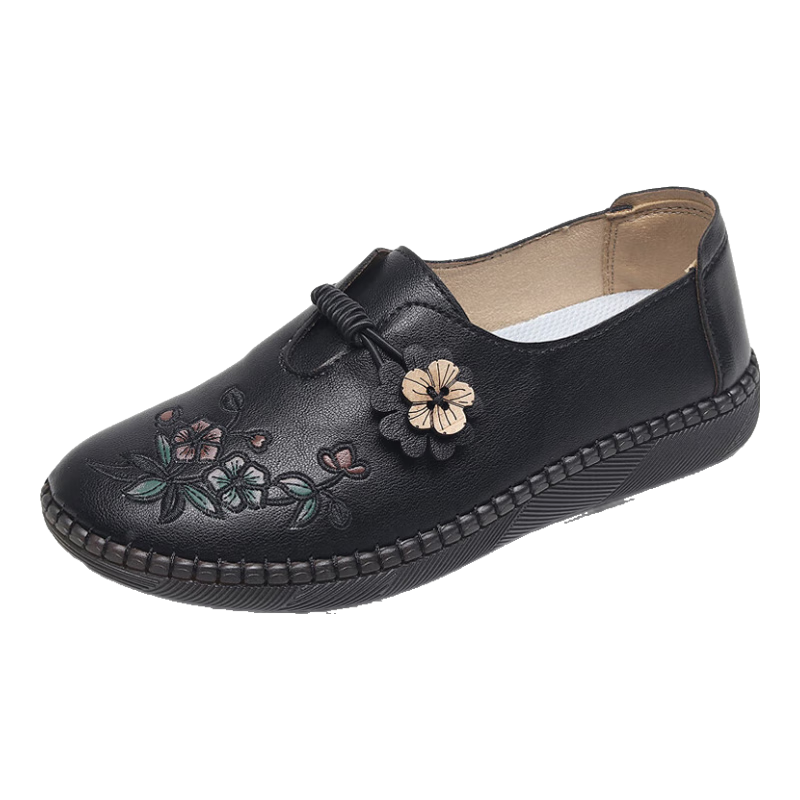 Ankang Old Beijing Cloth Shoes for Women, Spring And Autumn Middle-Aged And Elderly Single Shoes, Soft Sole Cowhide Bottom Mom Shoes 78806 Black 35