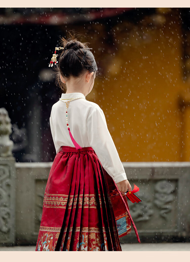 Menghu Nihang Mid-Autumn Festival Hanfu Girls' Spring And Autumn Chinese Style Children's Ming Dynasty Horse-Face Skirt Parent-Child Set, Red Skirt, Size 120 16