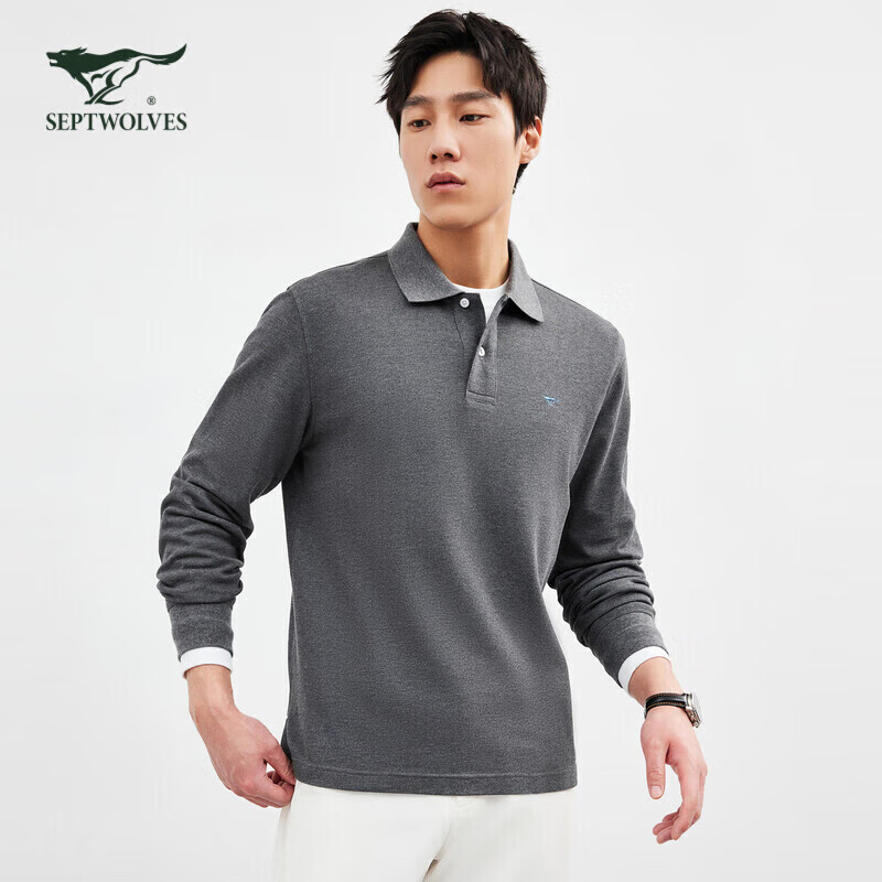 SEPTWOLVES Men's Long-Sleeve T-Shirt with Collar, Antibacterial, Temperature-Resistant, Color-Fast, Multi-Colored Wolf Logo, Business Casual Breathable POLO Shirt