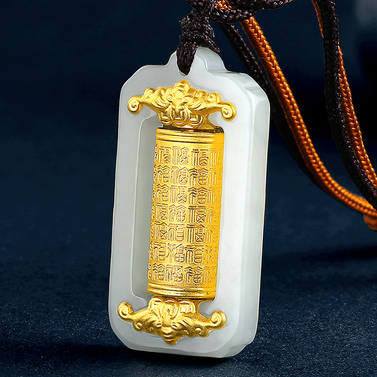 老凤凰金镶玉转运筒时来运转财源滚滚吊坠和田玉百福金经筒玉坠送礼