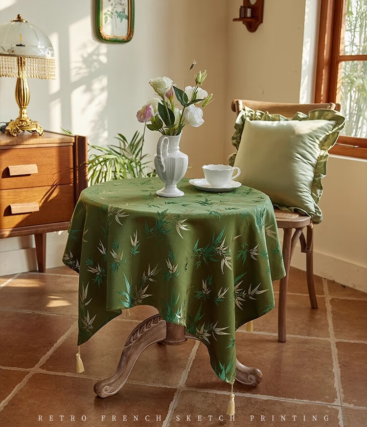 Yinshang New Chinese-Style Lace Tassel Round Tablecloth, Green Bamboo Light Luxury Table Cover, Dining Table Tea Cloth, 140*140cm 4