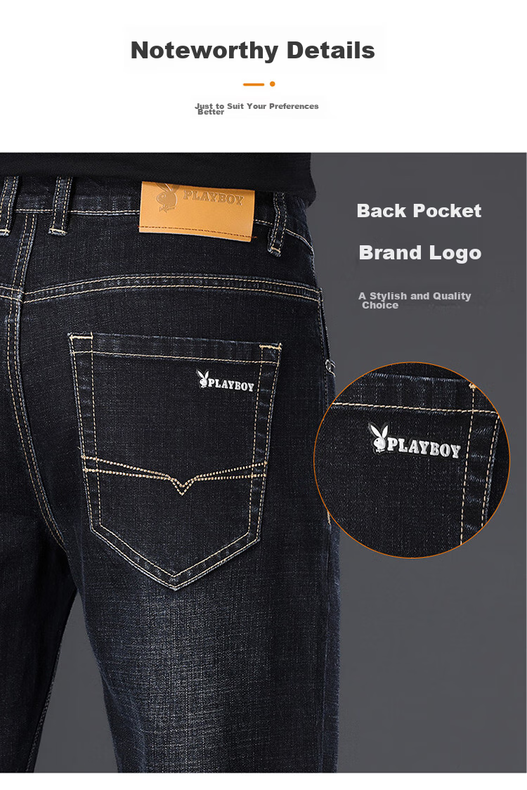 PLAYBOY Jeans for Men, Autumn Casual Pants, Loose Straight-Leg Trendy Menswear Trousers, Dark Blue, Size 32 3
