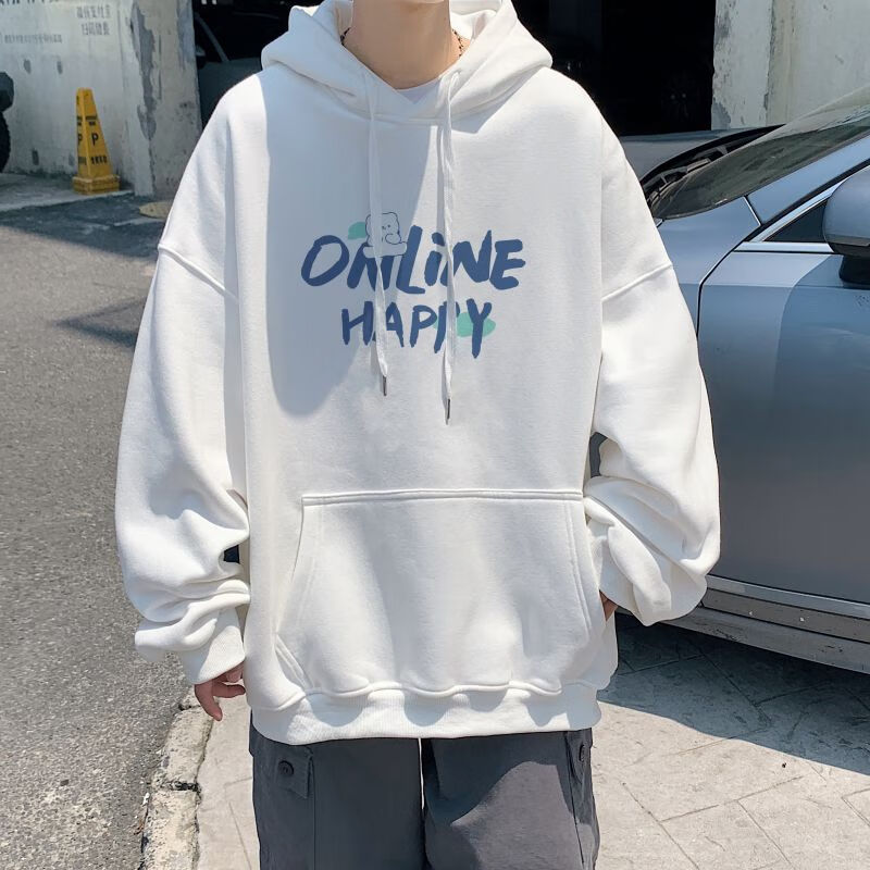Foss Phil Hooded Sweatshirt, Men's Autumn And Winter Long-Sleeve Jacket, Loose-Fitting Top for Couples, Men's Clothing WY262, White, Size M