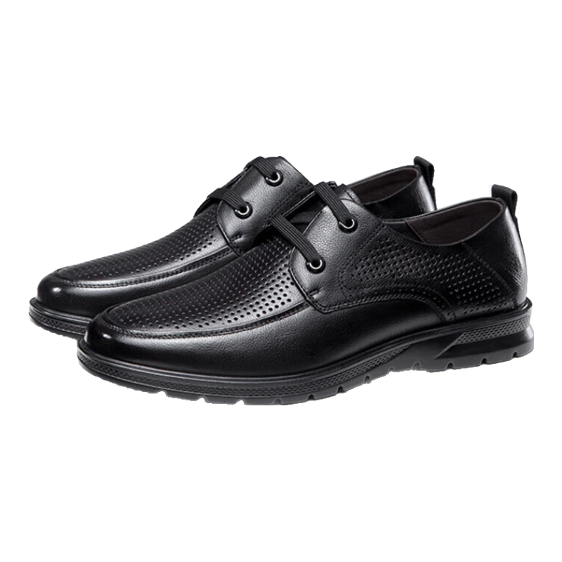 Aokang Business Casual Leather Shoes Comfortable Breathable Hollow Out Lace-up Black Size 42