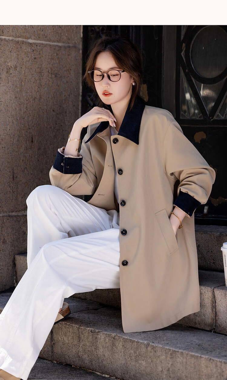 Dme [Gentle Core] Spring And Autumn Simple Contrasting Color Lapel High-Count High-Density A-Line Tuck Windbreaker Jacket for Women, Mid-Length Style 11