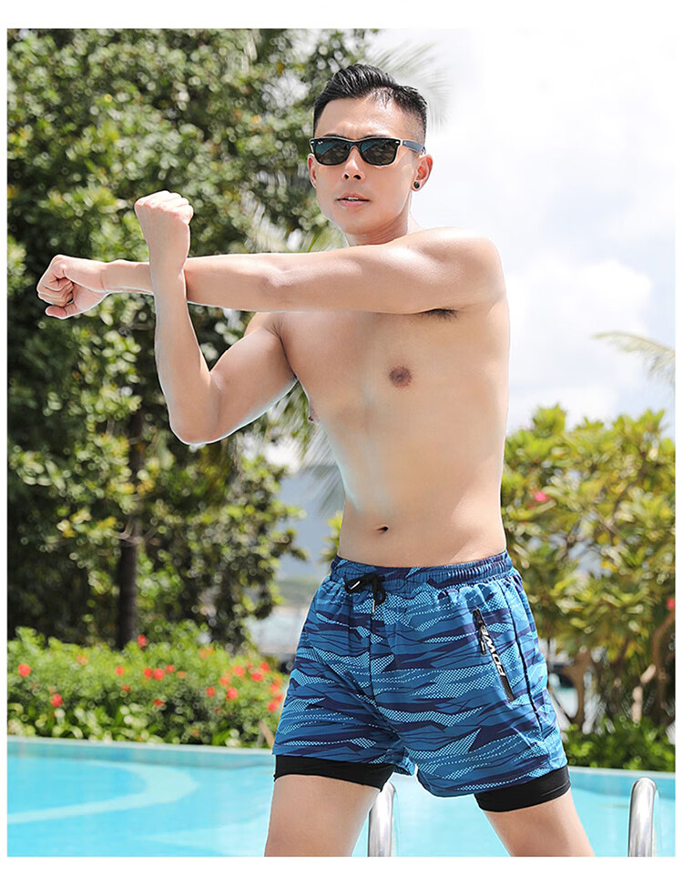 F.DYRAA Men's Swim Trunks, Anti-Embarrassment Double-Layer Quick-Dry Loose-Fit Large Size Hot Spring Swimming Trunks Three-Piece Set 26070 Black 2XL 15