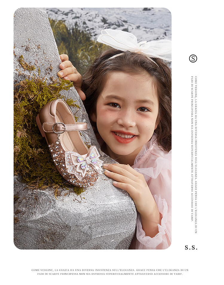 Snoffy Spring Leather Shoes for Girls, Princess Shoes for Older Children, Grit Crystal Shoes, Comfortable Children's Performance Shoes, Moonlight Silver, Size 27 15