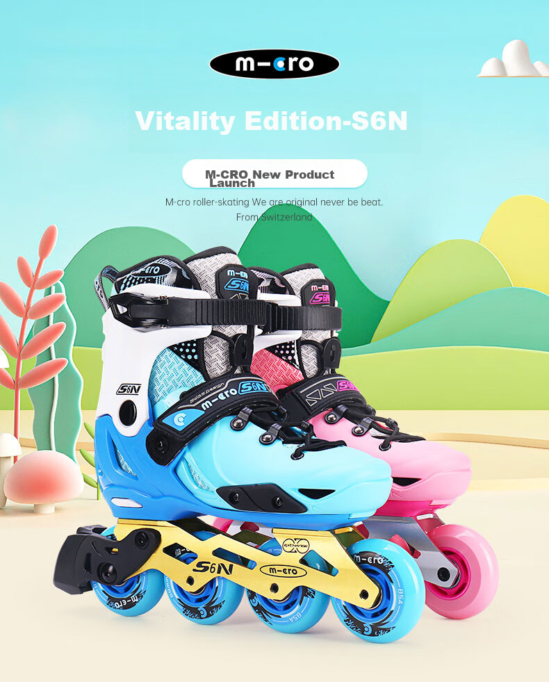 Micro Maiguo Roller Skates for Children, Boys And Girls, Hard Shell Flat Wheels, Micro Straight-Arrangement Inline Skates, S6N Pink Set, Size S 1